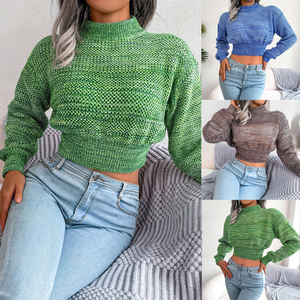 Fall Winter Color Long Sleeves Cropped Knitted Sweater Women Clothing