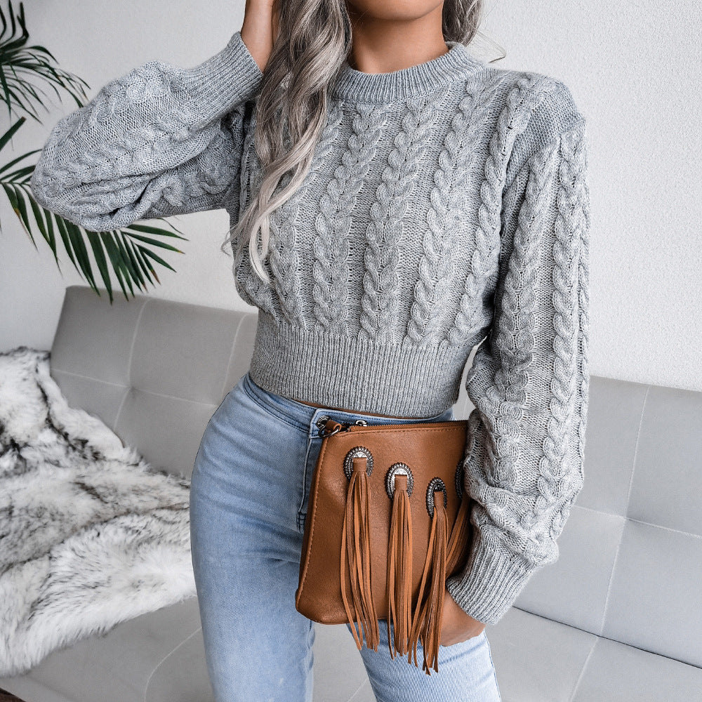 Autumn Winter Twist Waist Trimming Knitted Cropped Sweater Women Clothing