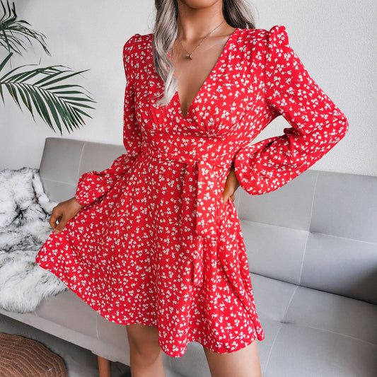 Autumn Winter Sexy V-neck Long Sleeve Floral Chiffon Dress Women Clothing