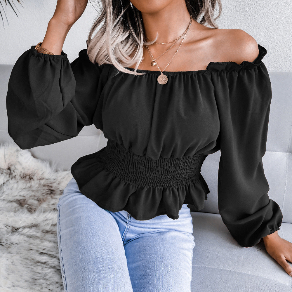 style real shot autumn winter sexy off-shoulder off-shoulder hem ruffled chiffon shirt top women clothing