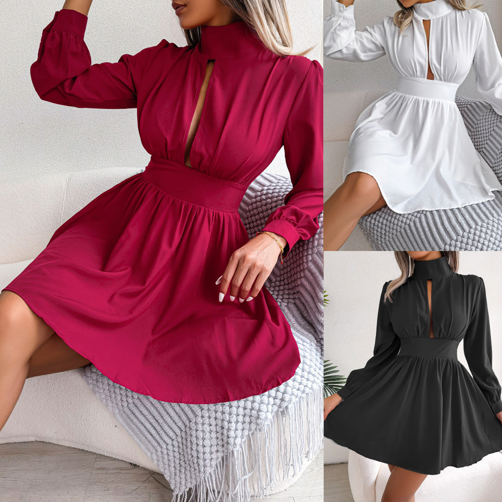 Autumn Winter Sexy Hollow-out Cinched Large Swing Dress Women Clothing