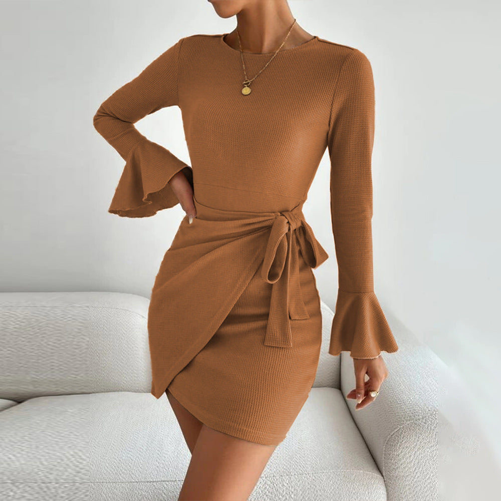 Women Clothing Autumn Winter round Neck Slimming Sheath Waffle Long Sleeve Sexy A  line Dress