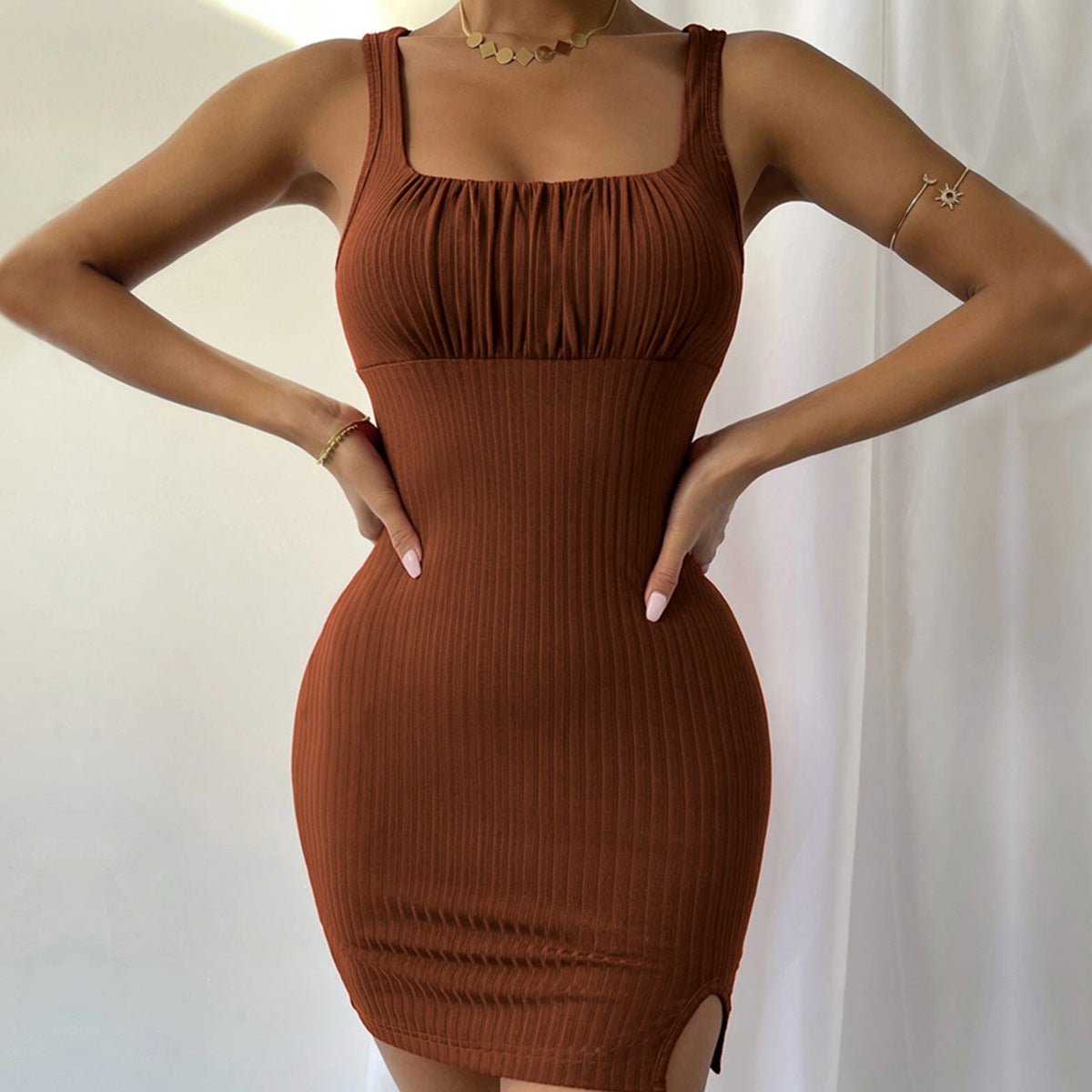 Women Clothing Spring/Summer Sexy Slit Slim-Fitting Camisole Knitted Dress Hip