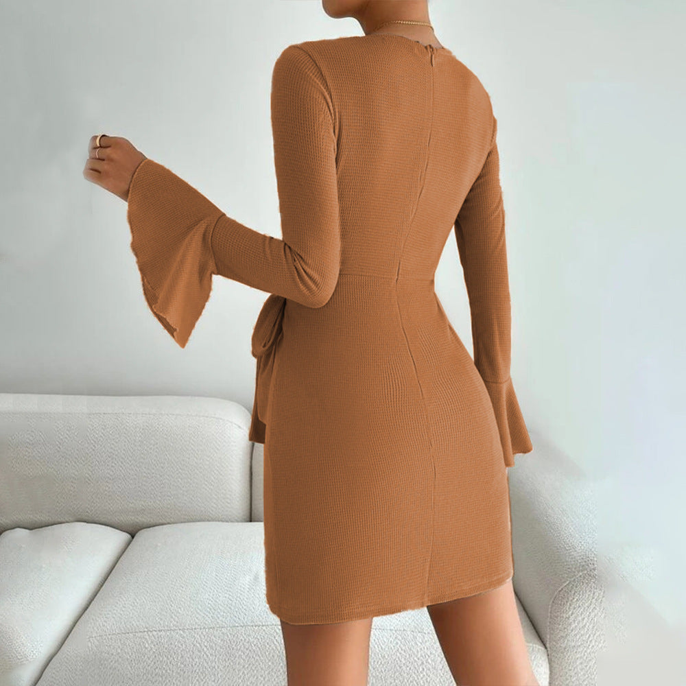 Women Clothing Autumn Winter round Neck Slimming Sheath Waffle Long Sleeve Sexy A  line Dress