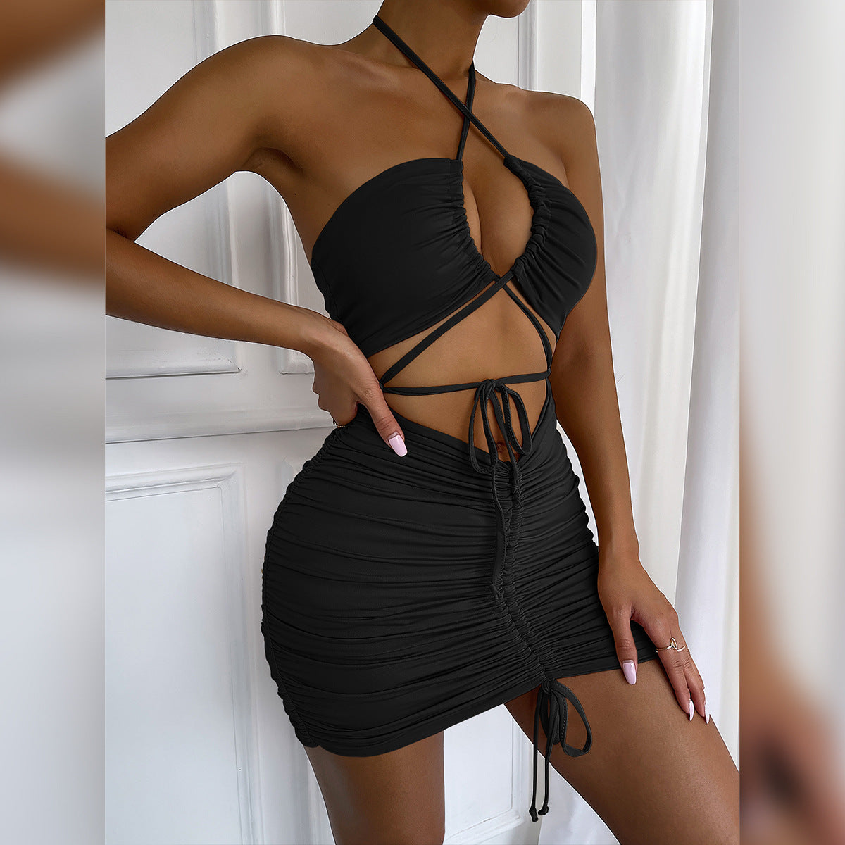 New Women Dress Summer Sexy Hollow Out Cutout out Strap Ruffle Hip Dress