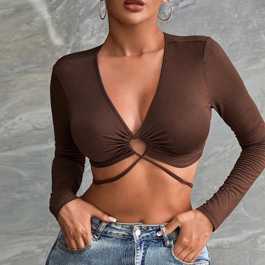 Sexy Hollow Out Cutout Slim T-shirt Navel All-Match V-neck Top for Women