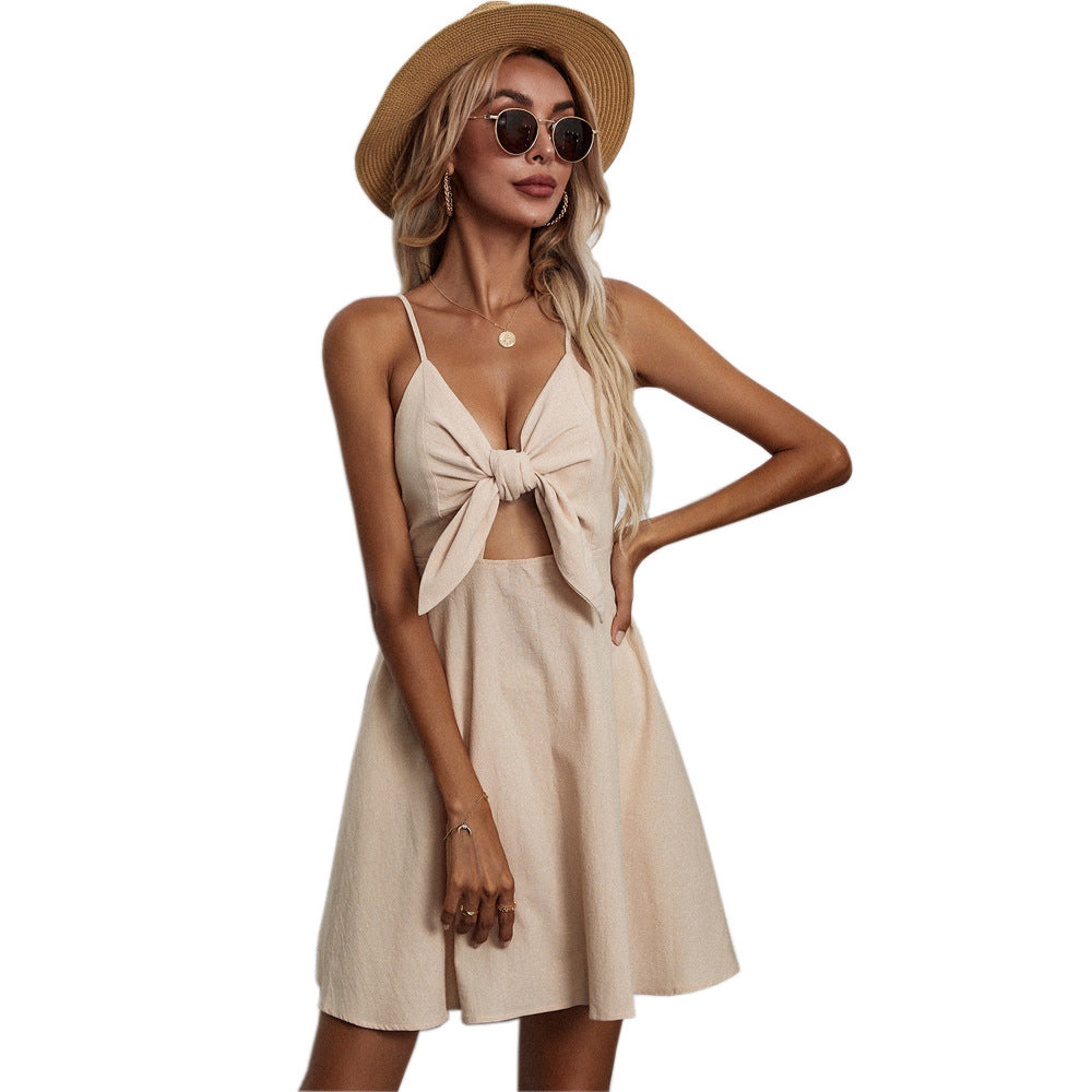 Women Clothing Lace-up Bow Cotton Linen Sleeveless Dress Casual A- line Dress Short