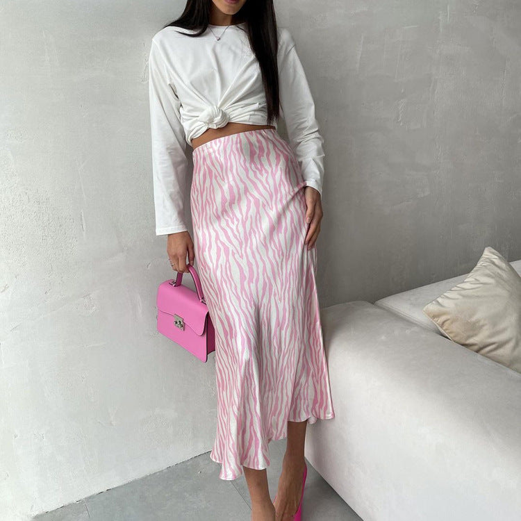 Women  Clothing Summer High Grade French Printed Skirt Women Mid Length Fishtail A  line Skirt