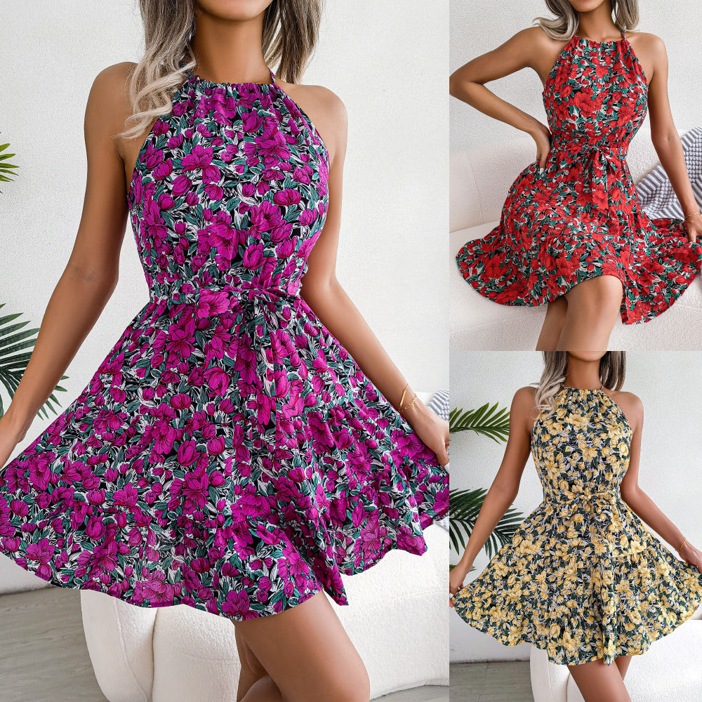 Spring Summer Leisure Tied Lotus Leaf Large Swing Floral Dress Women Clothing