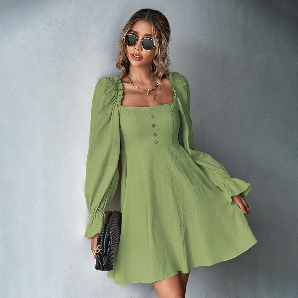 Women Clothing Puff Sleeve Square Neck Cinched Long Sleeve French A line Dress