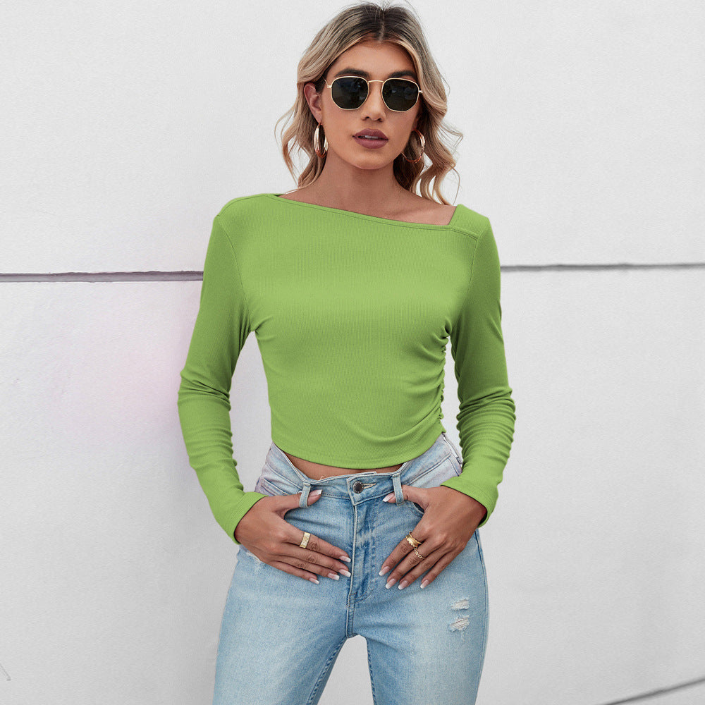 Winter Half Open Collar Office Slim Ultra Short Solid Color Women  T shirt Tops