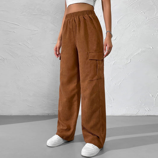 Autumn Winter Women Clothing Loose Elastic Waist Overalls Corduroy Wide Leg Straight Casual Trousers