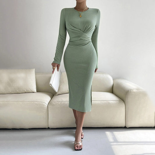 Women Clothing round Neck Slim Fit Hip Wrapped Mid Length Dress Long Sleeve Dress