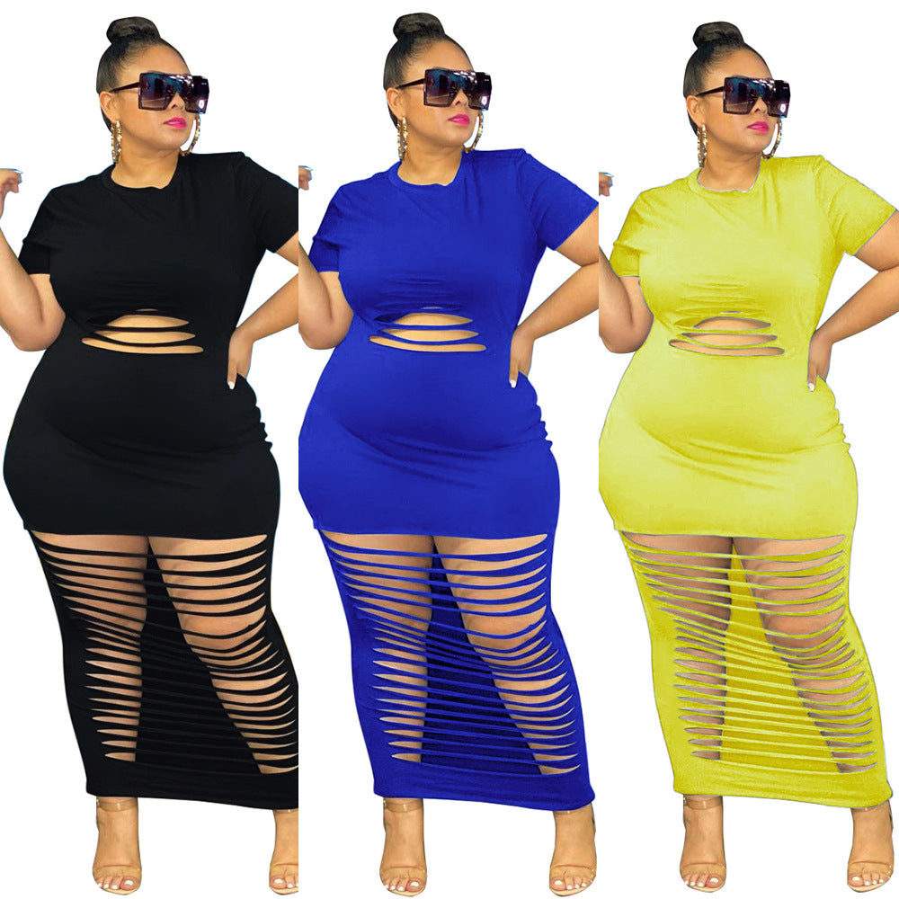 Plus Size Sexy Holes Solid Color Nightclub Skirt