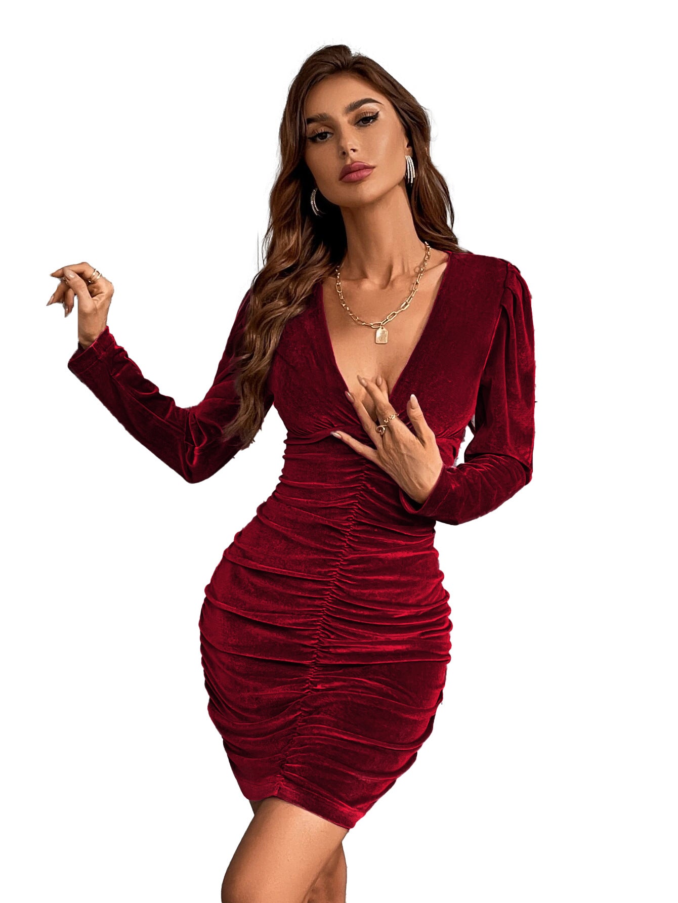 Women Clothing Autumn Winter Sexy V-neck Fitted Waist Pleated Long Sleeve Velvet Dress Party Dress