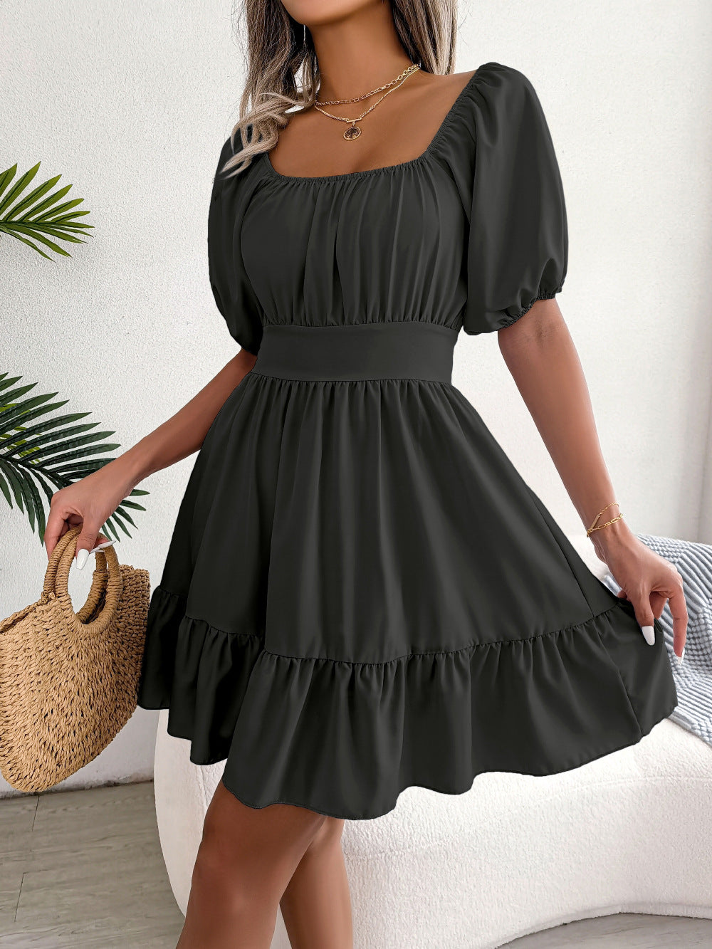 Style Spring Summer New Casual Square Collar Backless Tied Lotus Leaf Large Swing Dress Women Clothing Tiered Dress