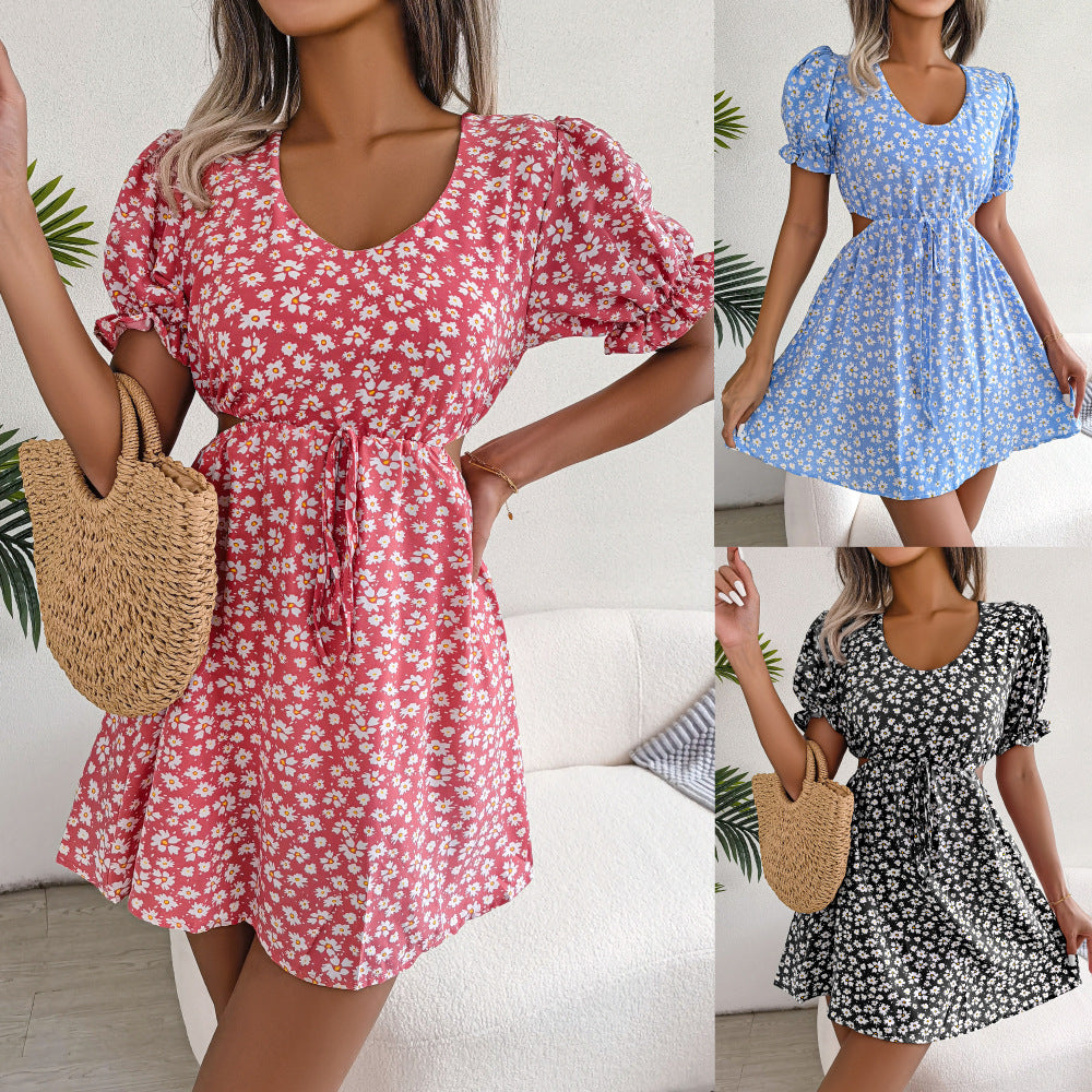 Spring Summer Leisure Hollow Out Cutout out Tied Short Sleeve Floral Dress Women Clothing