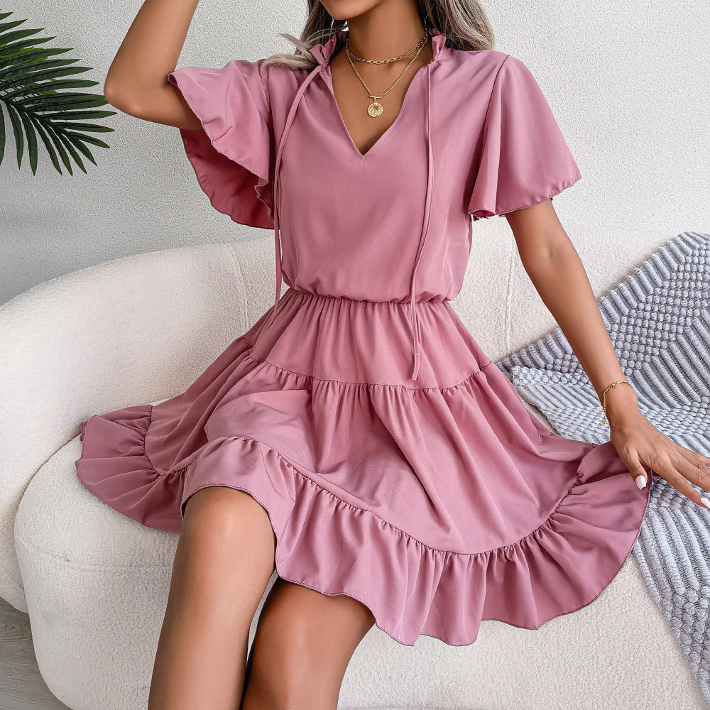 Spring Summer Flounced  Ribbon Big Hem A- line  Solid Color Dress Women Clothing