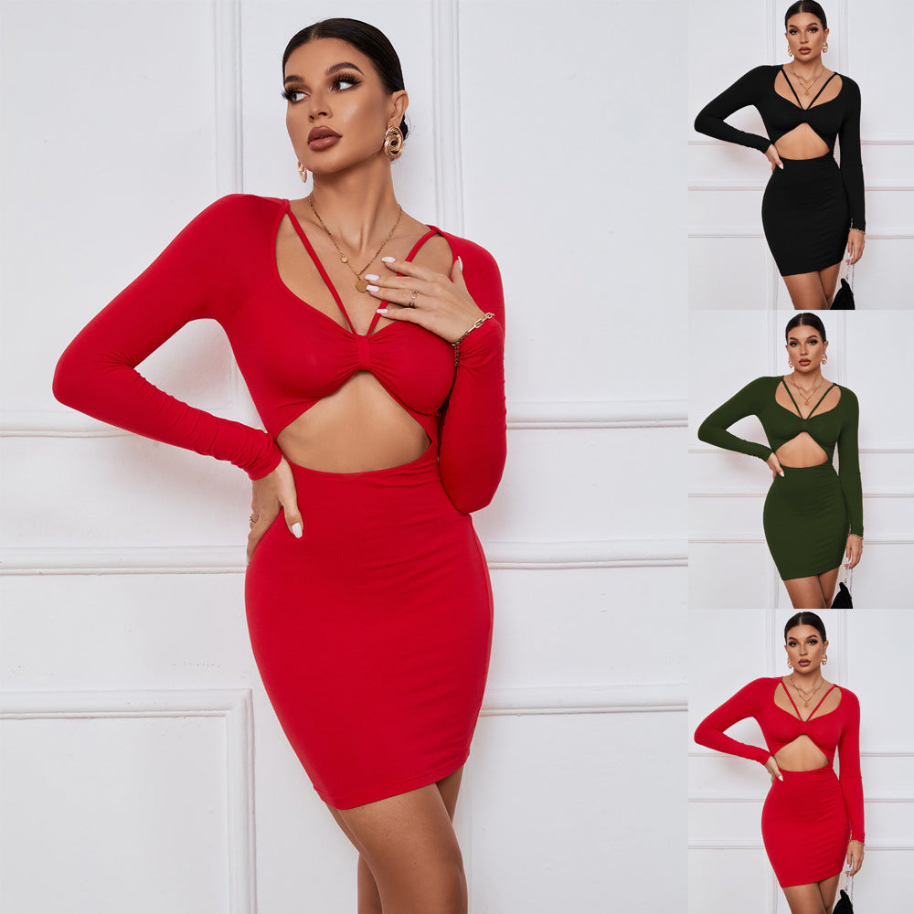 Women＇s Clothing Autumn Winter Party Tight  Sheath Wrapped Chest Hollow Out Cutout out Long Sleeve Dress