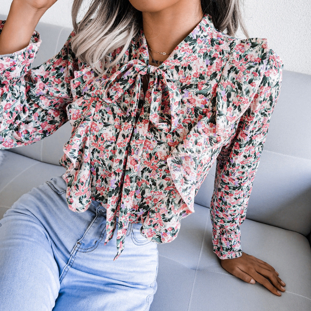 Autumn Winter Casual Lace up Ruffled Floral Chiffon Estampado Floral Shirt Top Women Clothing Plus Size