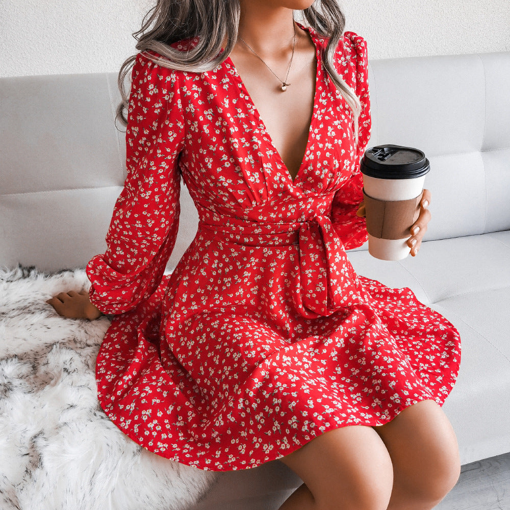 Autumn Winter Sexy V-neck Long Sleeve Floral Chiffon Dress Women Clothing