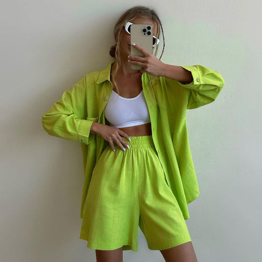 Spring Summer Two Piece Set Solid Color Single Breasted Long Sleeve Collared Shirt Shorts Loose Casual Set