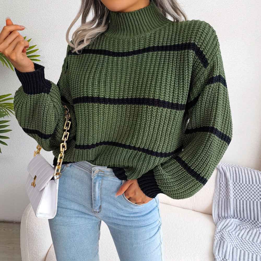 Autumn Winter Leisure Striped Lantern Sleeve Half Turtleneck Knitted Sweater Women Clothing