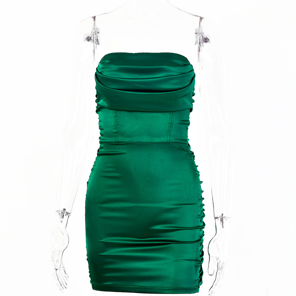 Spring Autumn Women Clothing Sexy Backless Pleated Wrapped Chest High Elastic Satin Hip  Dress