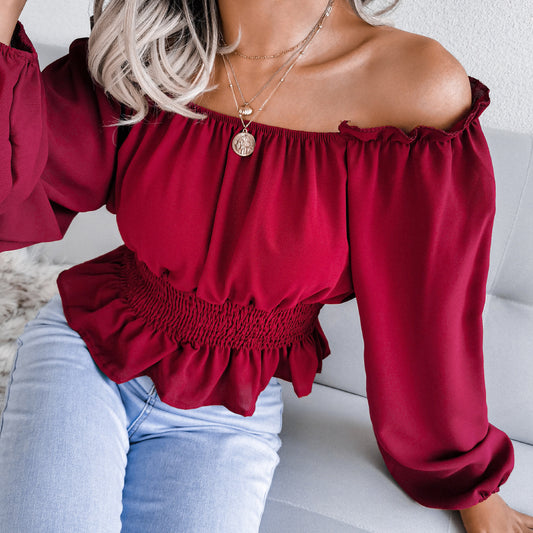 style real shot autumn winter sexy off-shoulder off-shoulder hem ruffled chiffon shirt top women clothing