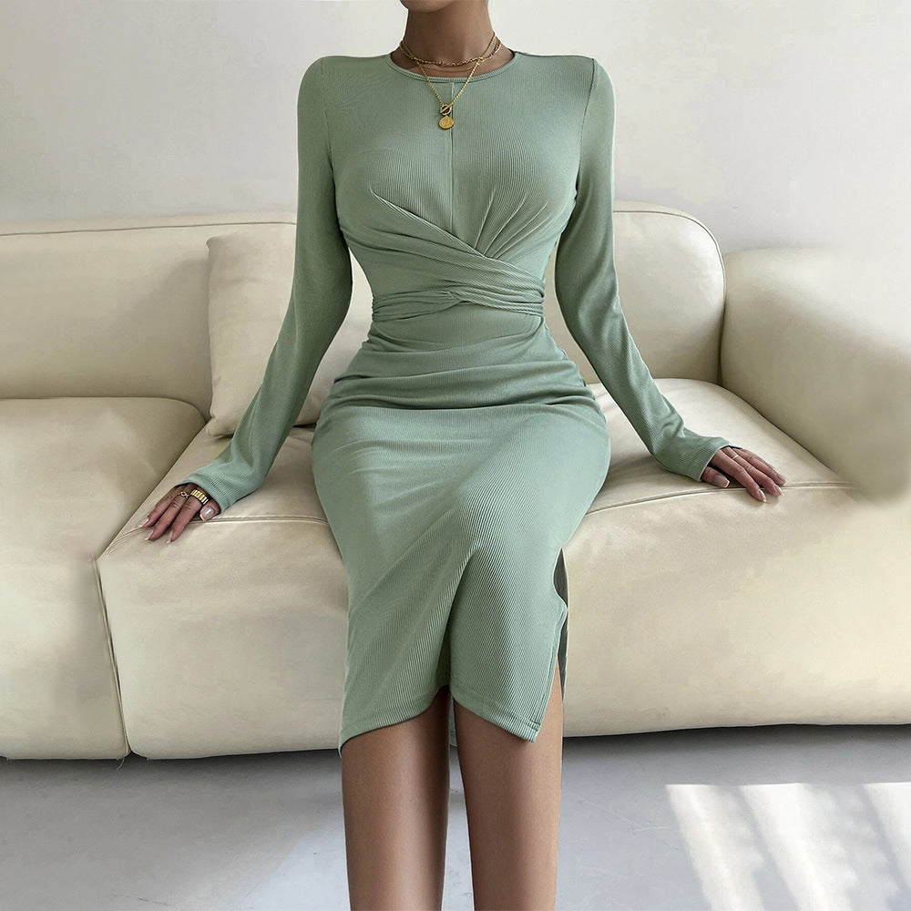 Women Clothing round Neck Slim Fit Hip Wrapped Mid Length Dress Long Sleeve Dress