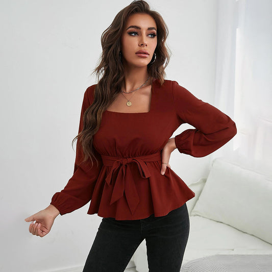 Women Clothing Square Collar Elastic Waist Ruffled Long Sleeve Women Shirt Top