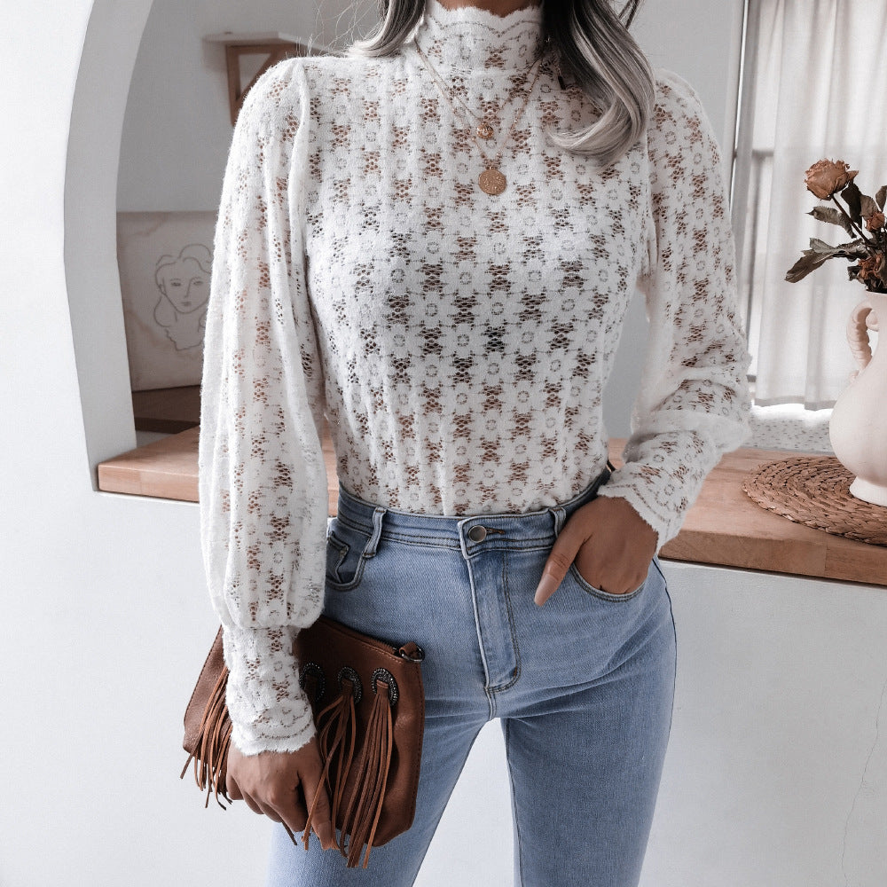 Style  Lantern Long Sleeve Stand Collar Lace Shirt Top  Women Clothing