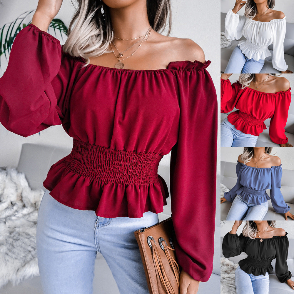 style real shot autumn winter sexy off-shoulder off-shoulder hem ruffled chiffon shirt top women clothing