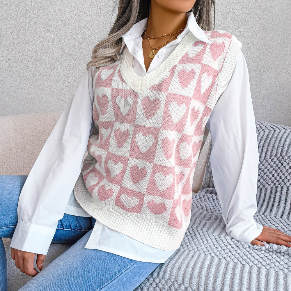 Autumn Winter College Style Heart Knitted Vest Sweater Vest Women Clothing