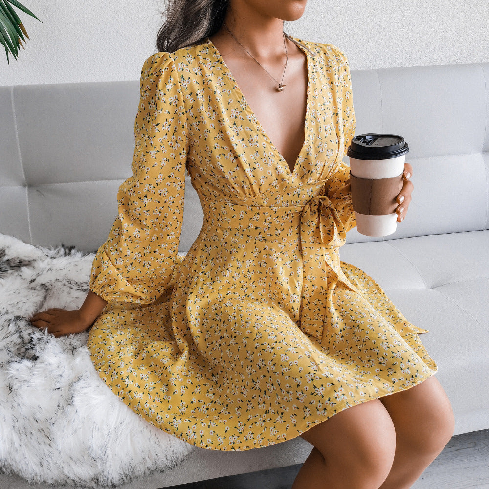 Autumn Winter Sexy V-neck Long Sleeve Floral Chiffon Dress Women Clothing