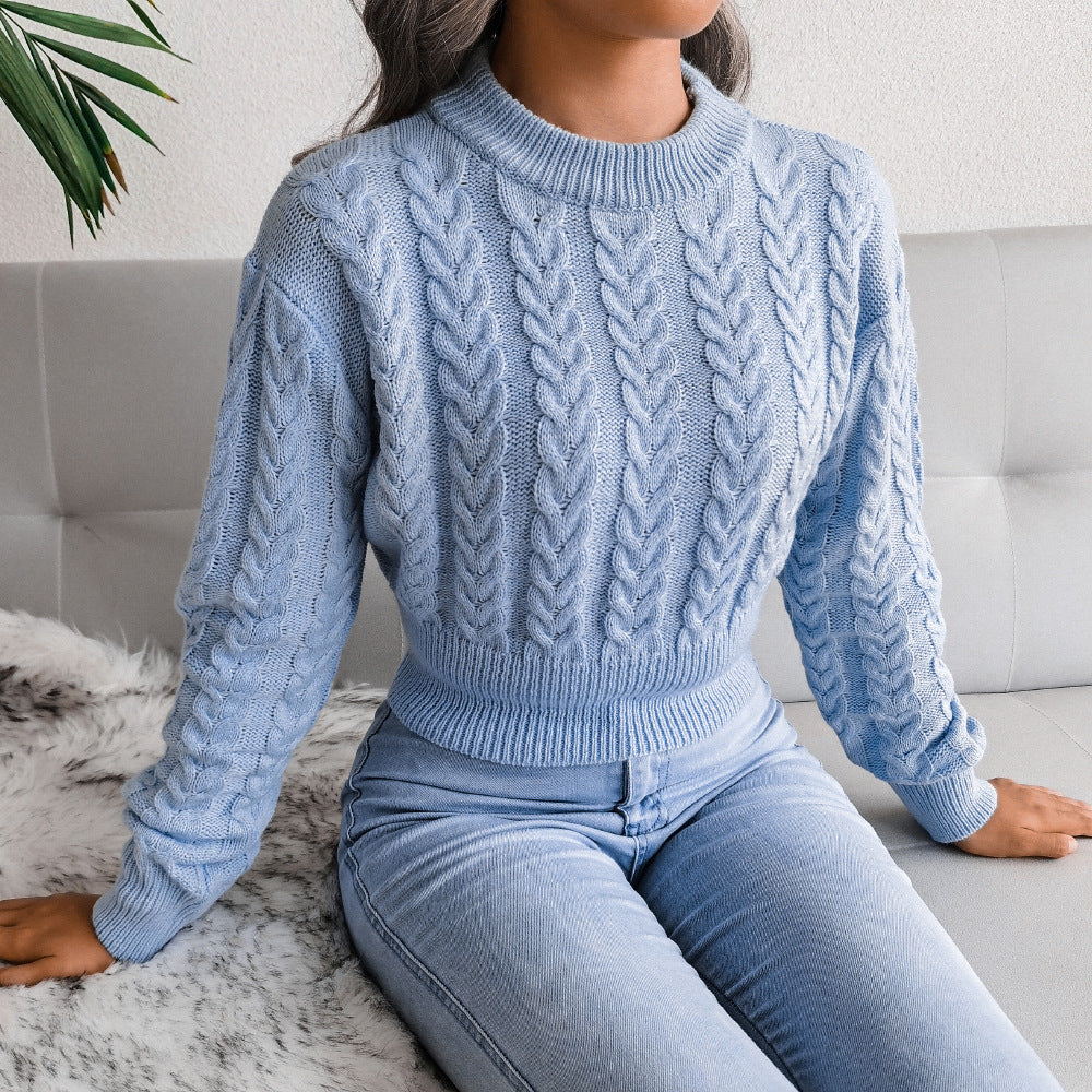 Autumn Winter Twist Waist Trimming Knitted Cropped Sweater Women Clothing