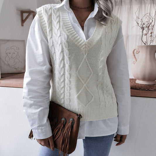 Autumn Winter  V-neck Twist Casual Loose Knitted Vest Sweater Waistcoat  Women Clothing