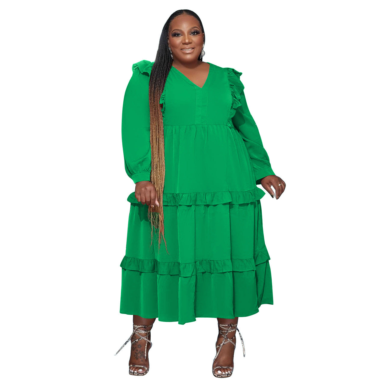 Plus Size Solid Color Sexy Lotus Leaf Large Swing Dress Women Dress