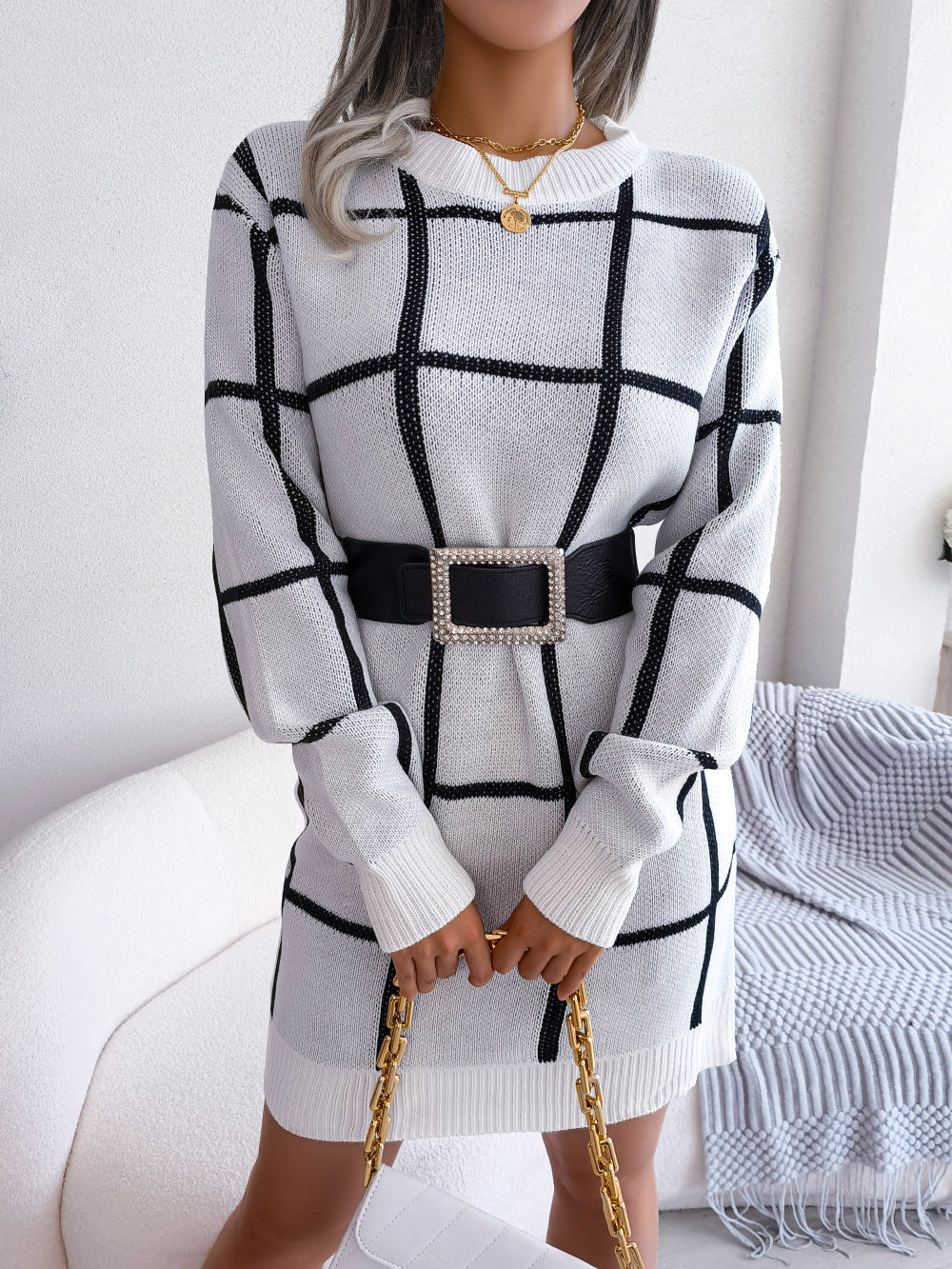 Autumn Winter Leisure Color Contrast Check Long Sleeve Base Sweater Dress Women Clothing No Belt