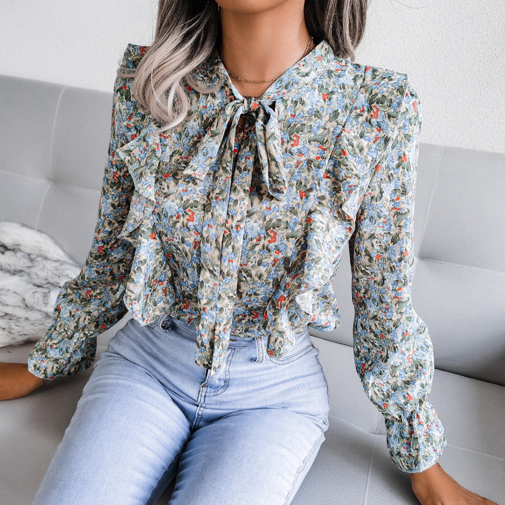 Autumn Winter Casual Lace up Ruffled Floral Chiffon Estampado Floral Shirt Top Women Clothing Plus Size