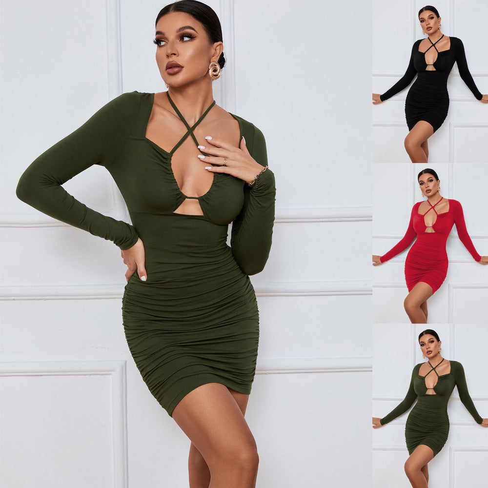 Women Clothing Sexy Cutout Lace up Waist Controlled Slimming Fashionable Tight  Short  Sheath Long Sleeve Dress