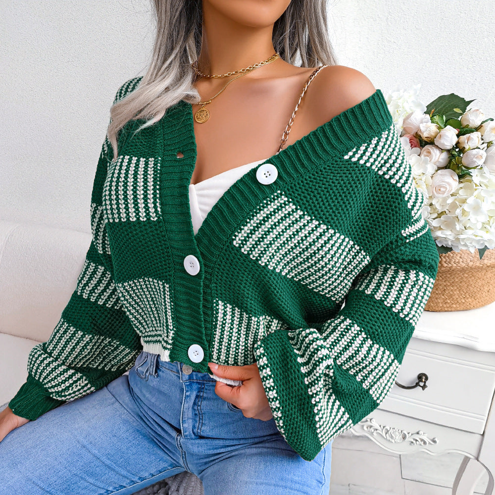 Winter Striped Lantern Sleeve Cardigan Sweater Coat Women Clothing