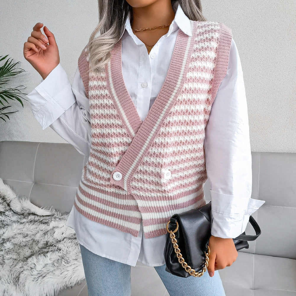 Stripe College Style Knitted Vest Sweater Women Clothing