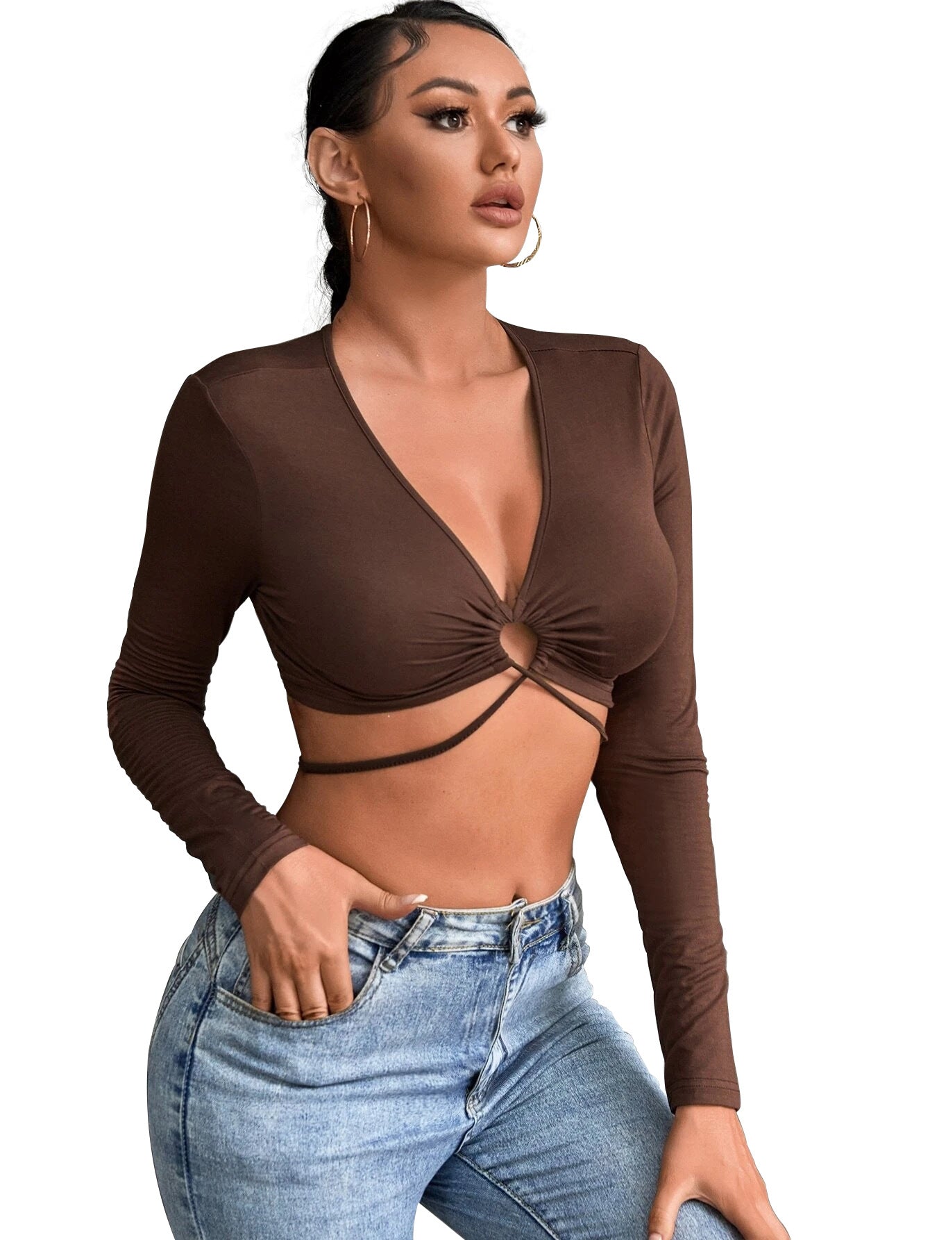 Sexy Hollow Out Cutout Slim T-shirt Navel All-Match V-neck Top for Women