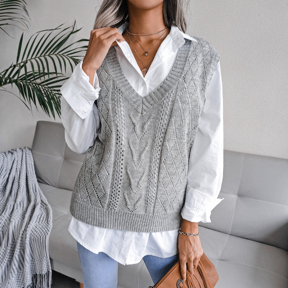 Style Autumn Winter Cutout Twist V neck Knitted Vest Sweater Women Clothing