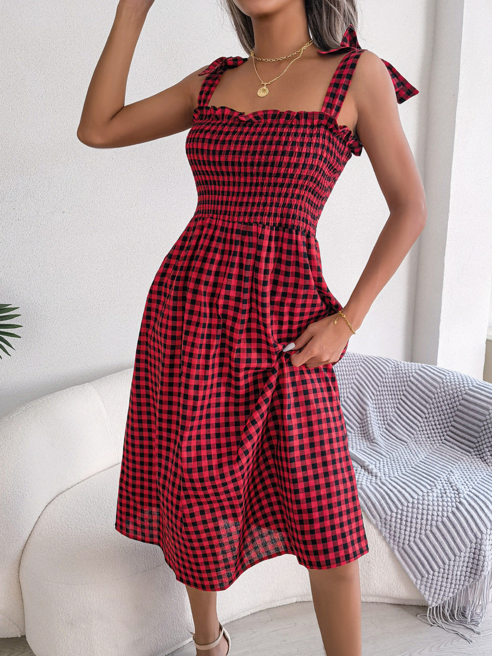 Spring Summer Leisure Lace-up Contrast-Color Plaid Mid-Length Dress Women Clothing