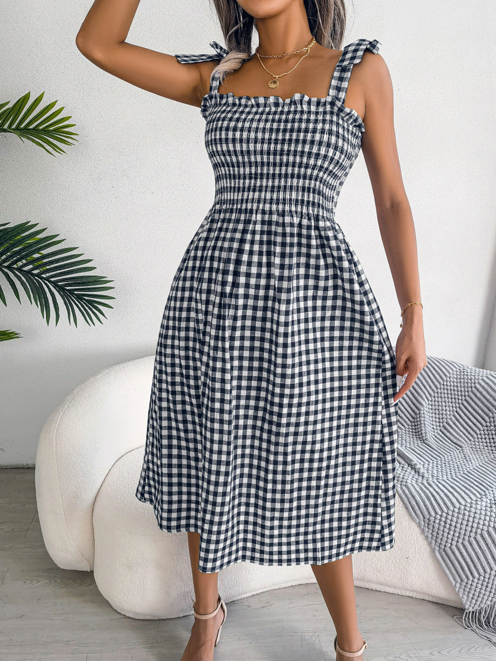 Spring Summer Leisure Lace-up Contrast-Color Plaid Mid-Length Dress Women Clothing