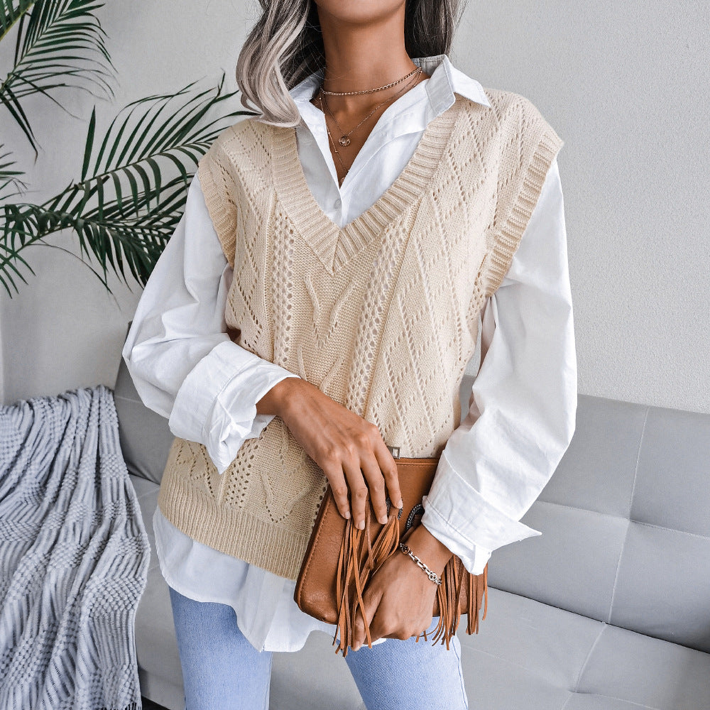 Style Autumn Winter Cutout Twist V neck Knitted Vest Sweater Women Clothing