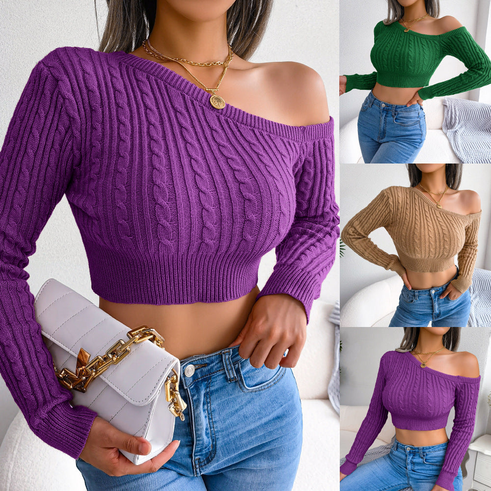 Autumn Winter Twist off Shoulder Long Sleeve Short Knitted Sweater Women