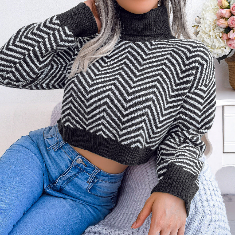 Autumn Winter High Collar Long Sleeve Striped cropped Sweater Women Clothing